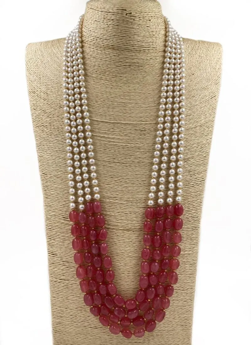 Designer Multi Layered Beaded Pearls And Peach Necklace Mala For Grooms By Gehna Shop