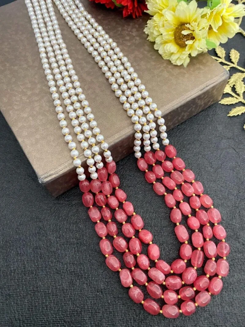 Designer Multi Layered Beaded Pearls And Peach Necklace Mala For Grooms By Gehna Shop