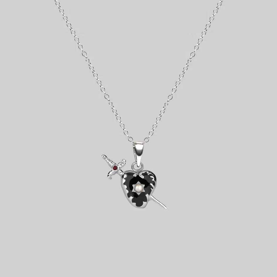 DEVOTION. Black Heart & Sword Silver Necklace