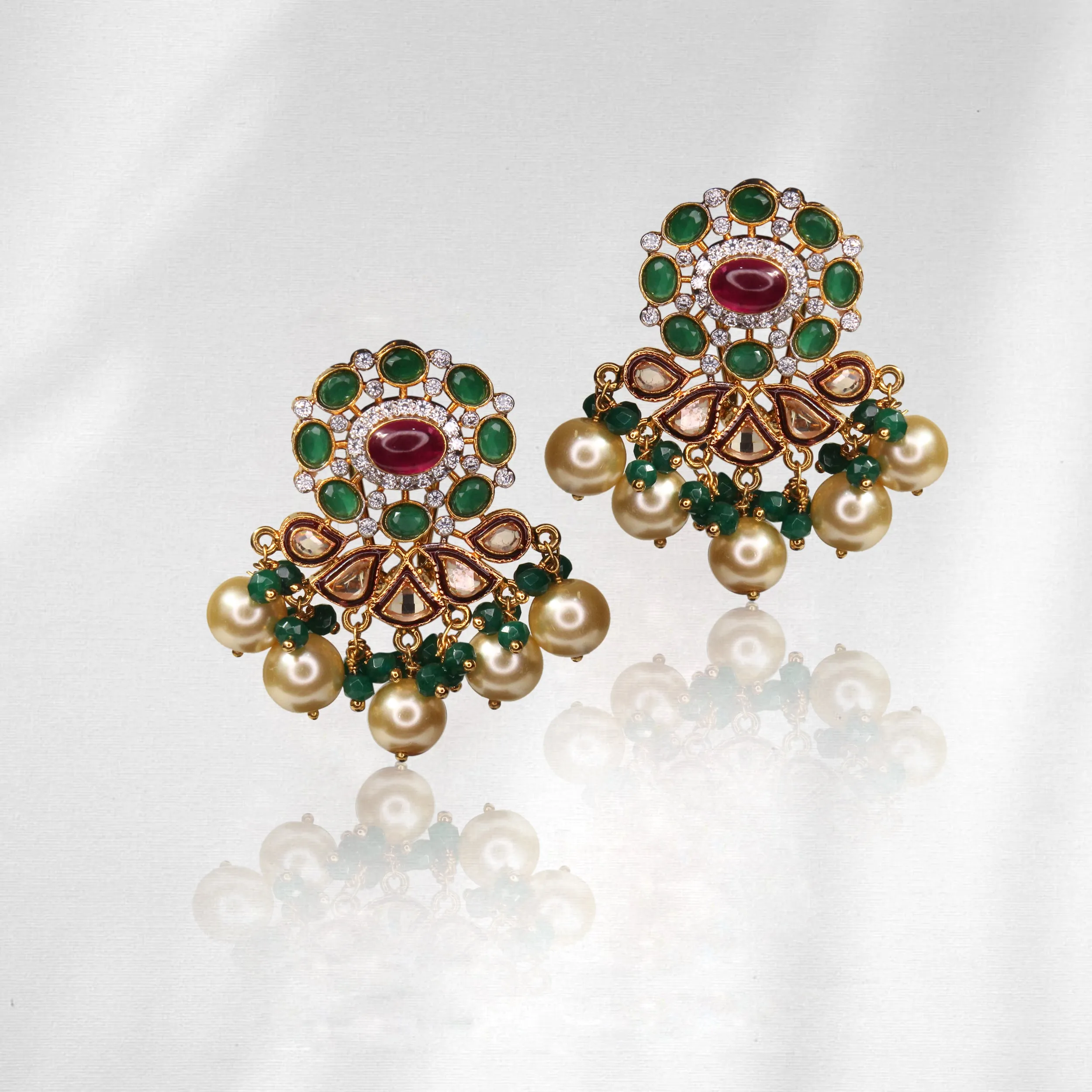 Earrings in Chetum, Jade Pearls and Zircon Polkies