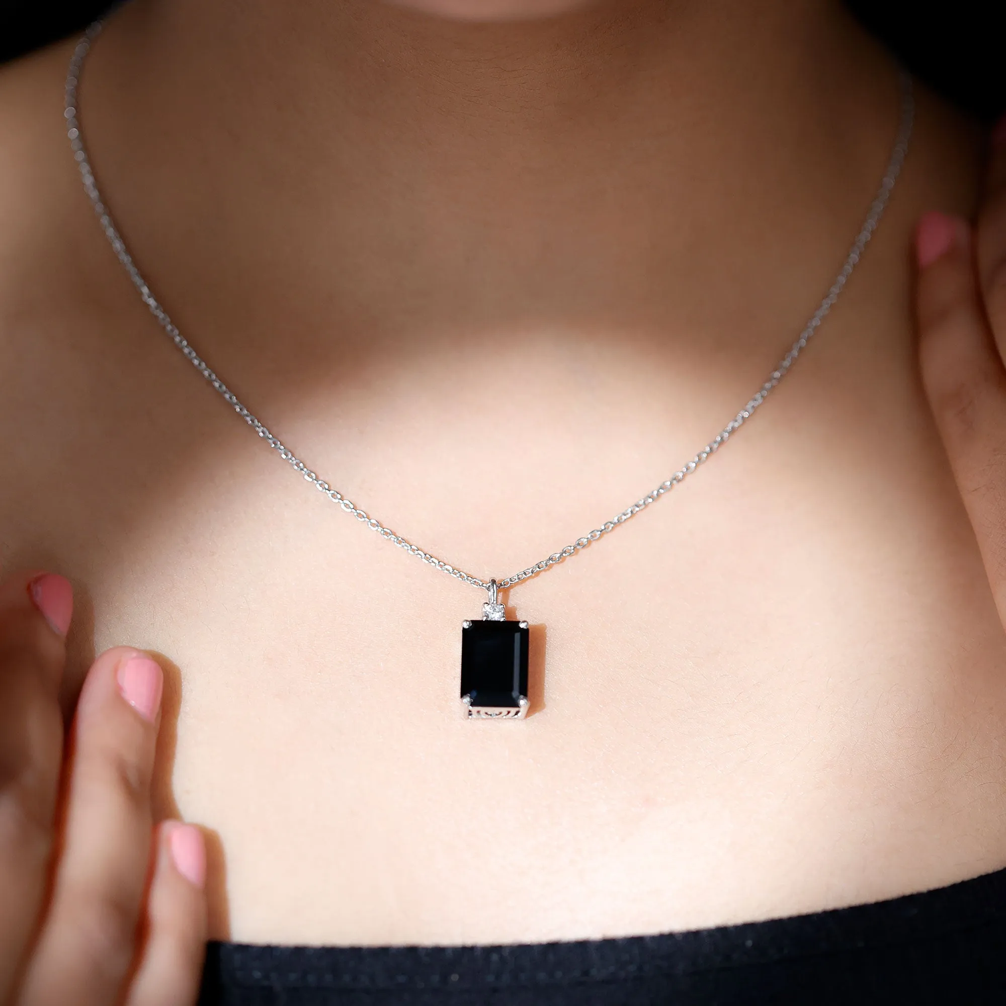 Emerald Cut Created Black Diamond Solitaire Pendant Necklace