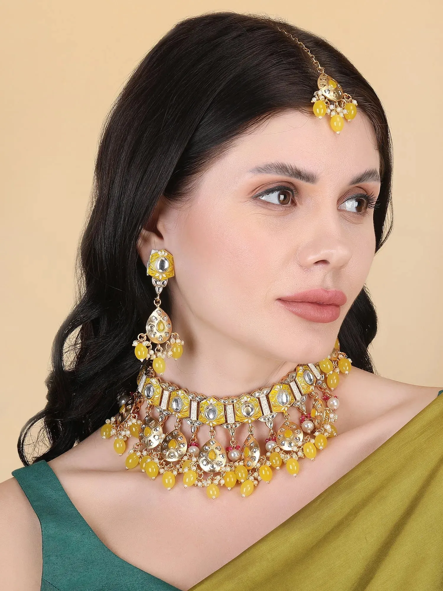 Enamel Coated Yellow Pearls Beaded Kundan Choker Set