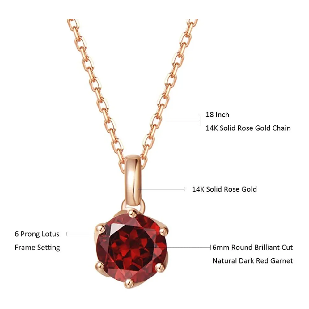 FANCIME Dark Red Garnet 14K Solid Rose Gold Necklace