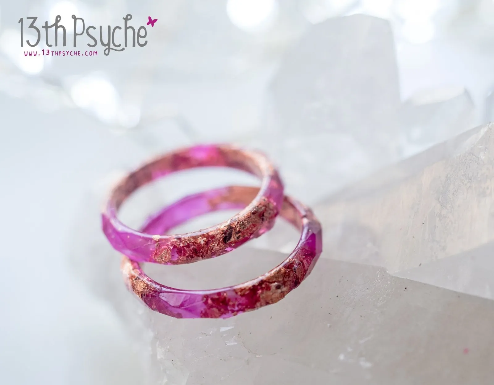 Fuschia and rose gold flakes faceted resin ring