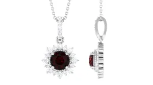 Garnet Beaded Pendant Necklace with Diamond Halo