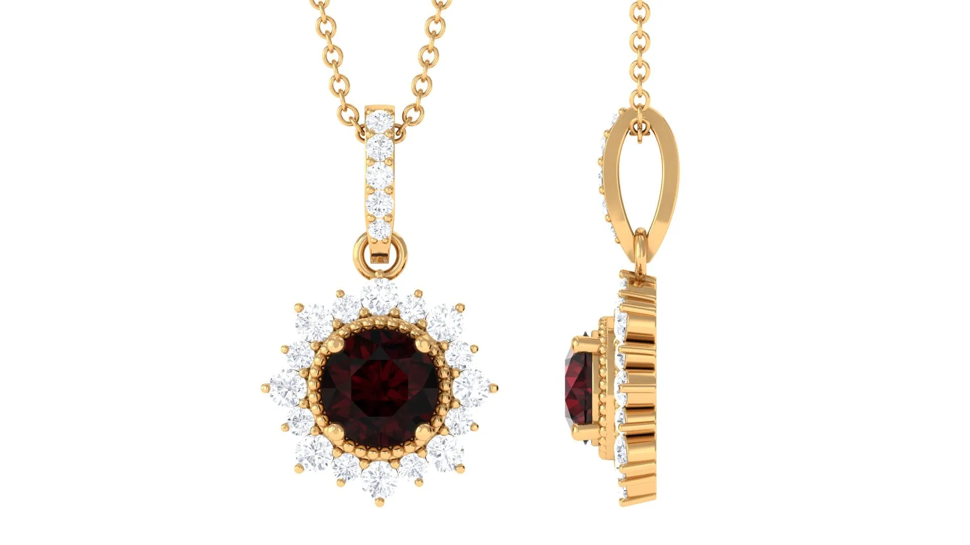 Garnet Beaded Pendant Necklace with Diamond Halo