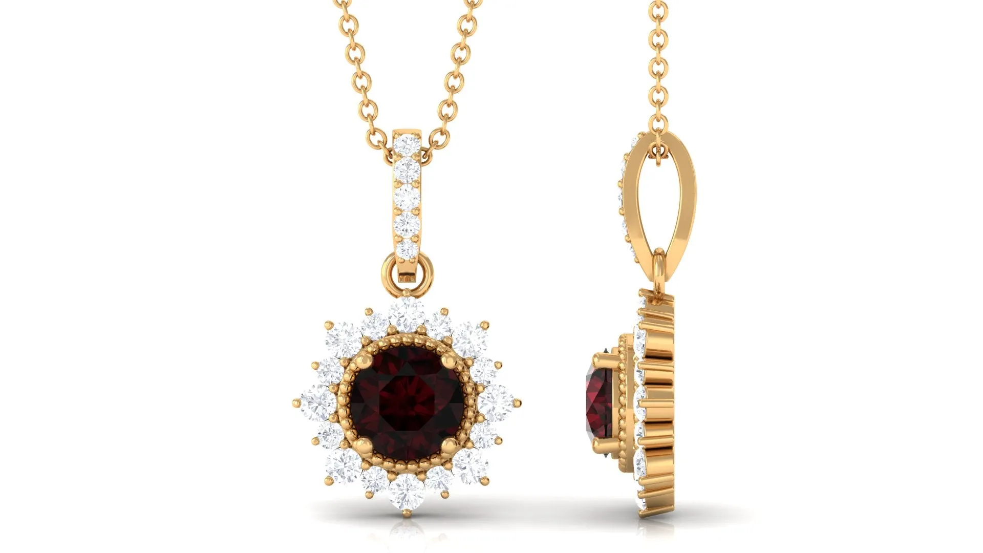 Garnet Beaded Pendant Necklace with Diamond Halo