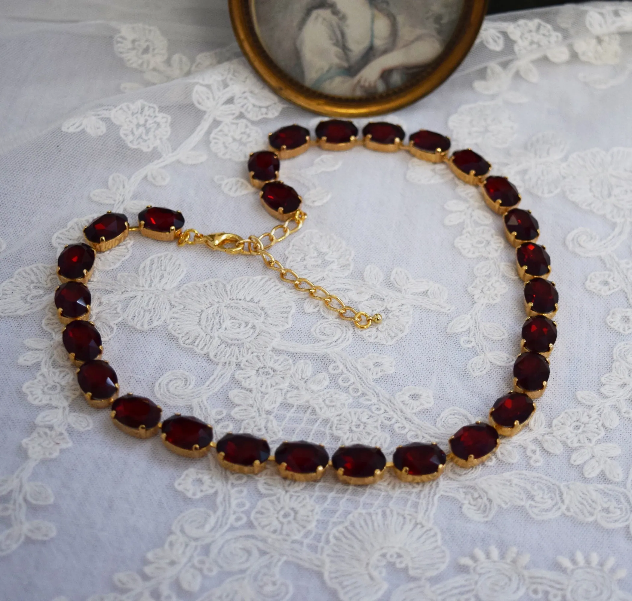 Garnet Red Aurora Crystal Collet Necklace - Medium Oval