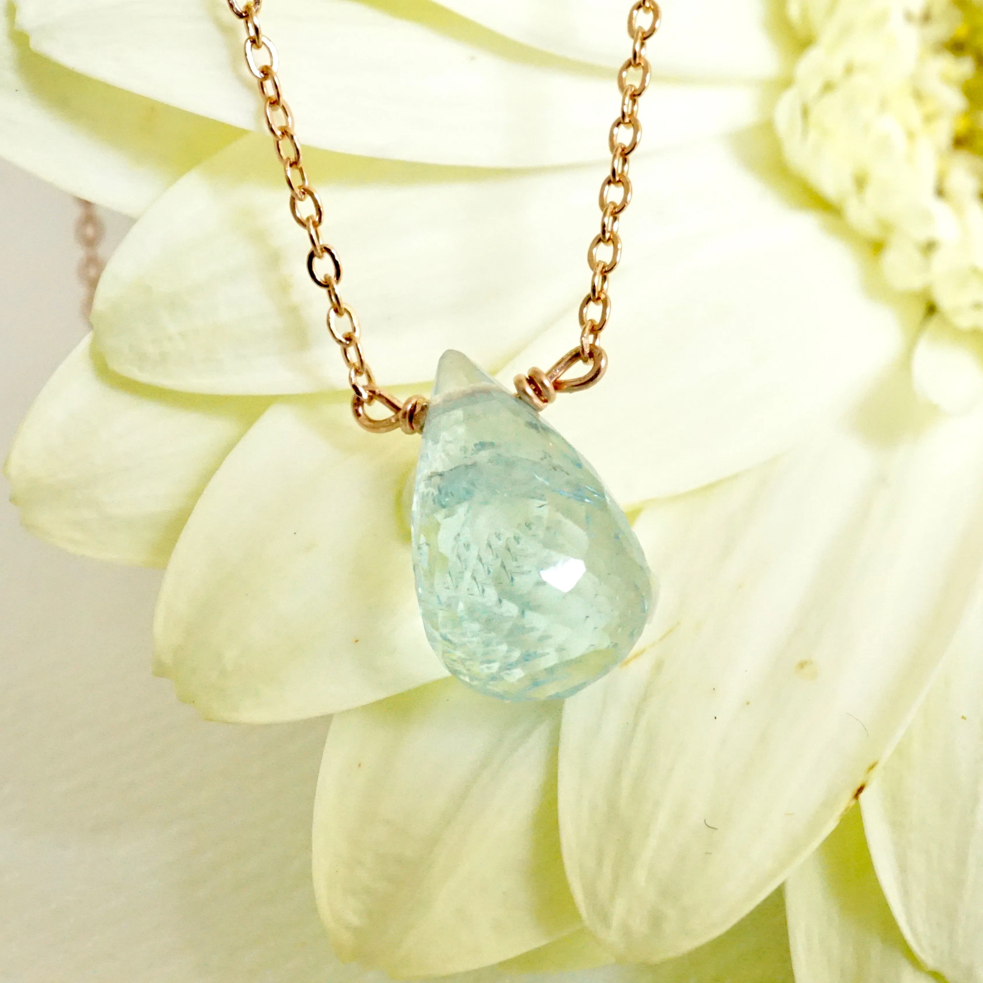 Genuine Aquamarine Briolette Necklace - Handmade March Birthstone Aquamarine Necklace