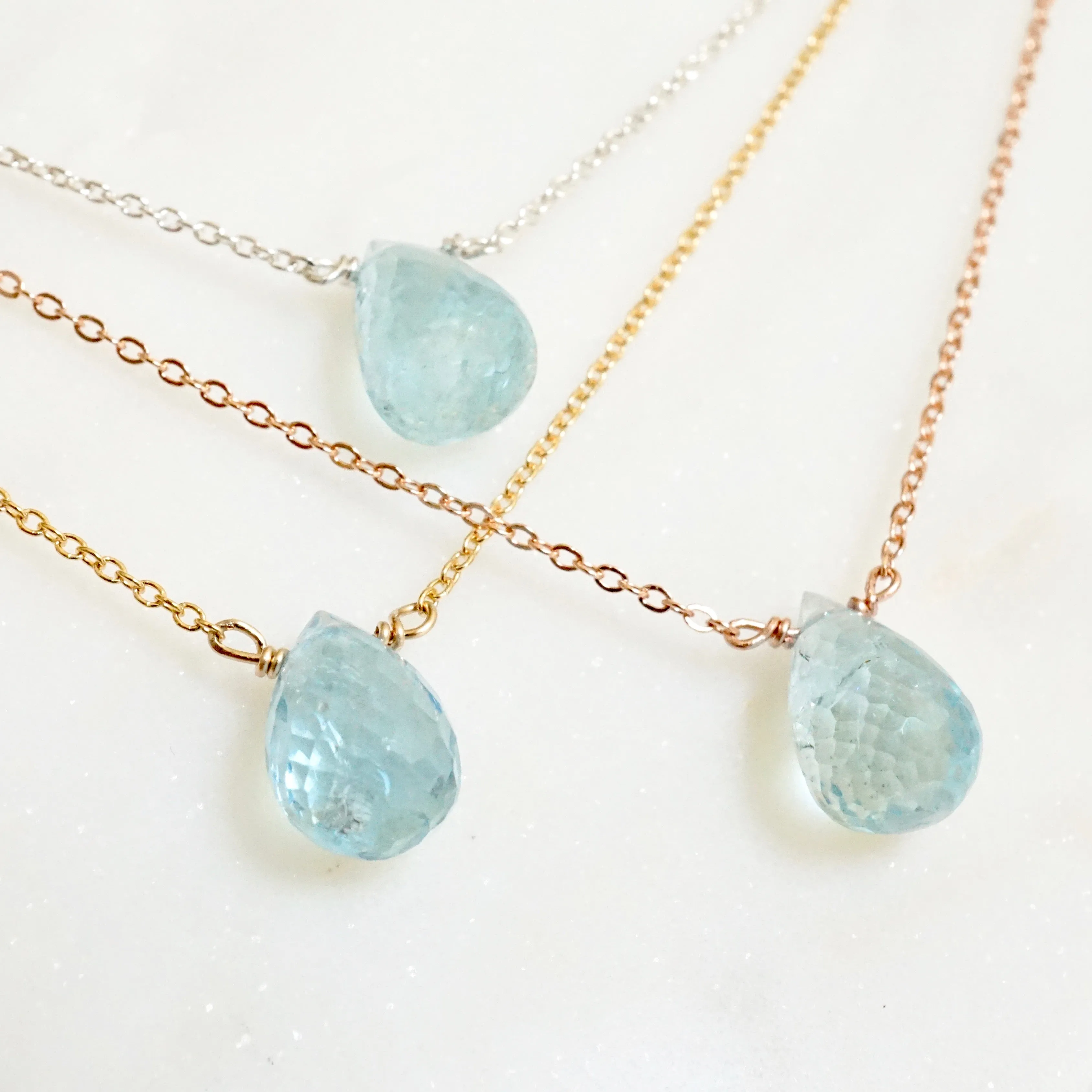 Genuine Aquamarine Briolette Necklace - Handmade March Birthstone Aquamarine Necklace