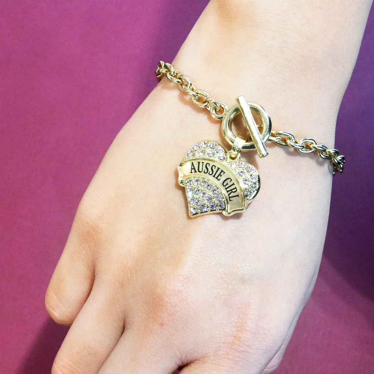 Gold Aussie Girl Pave Heart Charm Toggle Bracelet