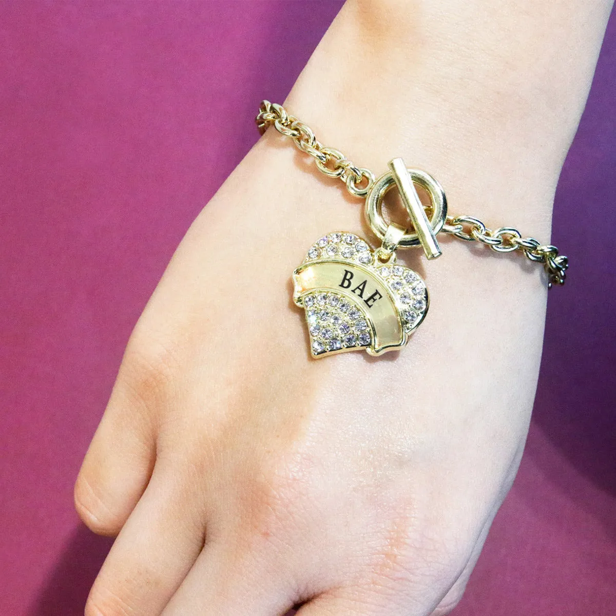 Gold Bae Pave Heart Charm Toggle Bracelet