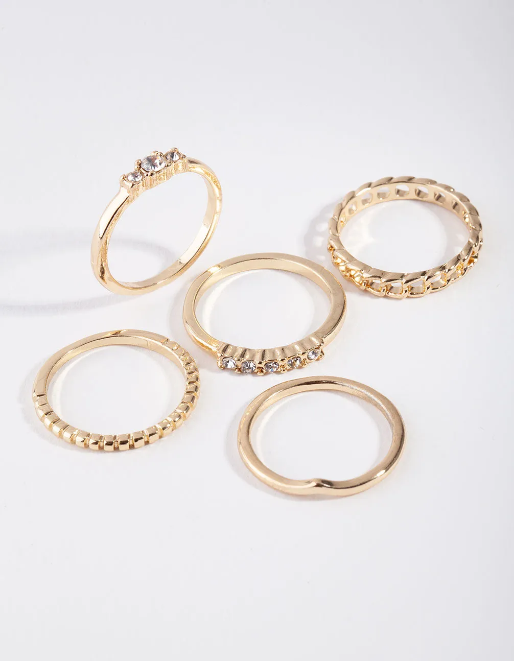 Gold Diamante & Chain Ring 5-Pack