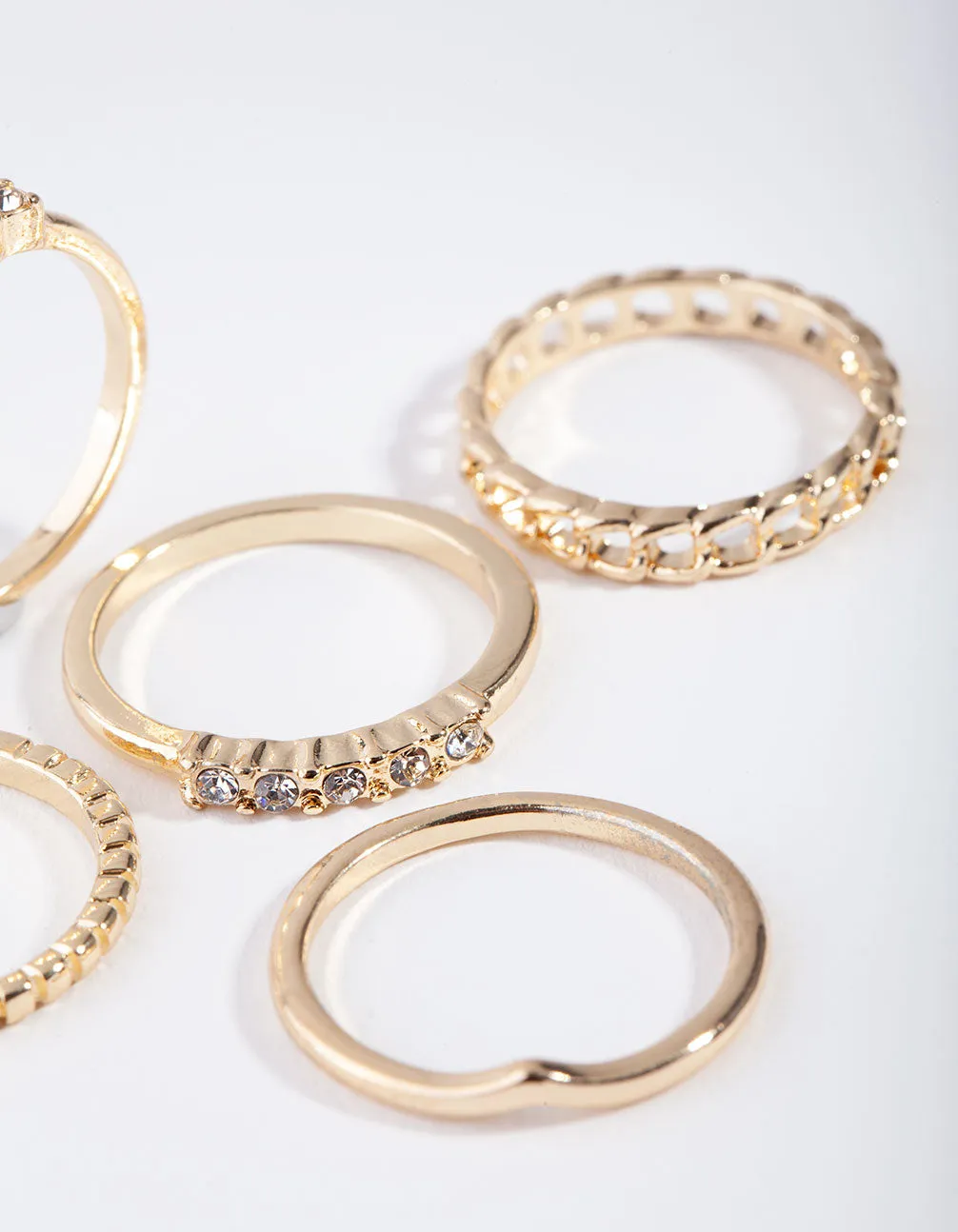 Gold Diamante & Chain Ring 5-Pack