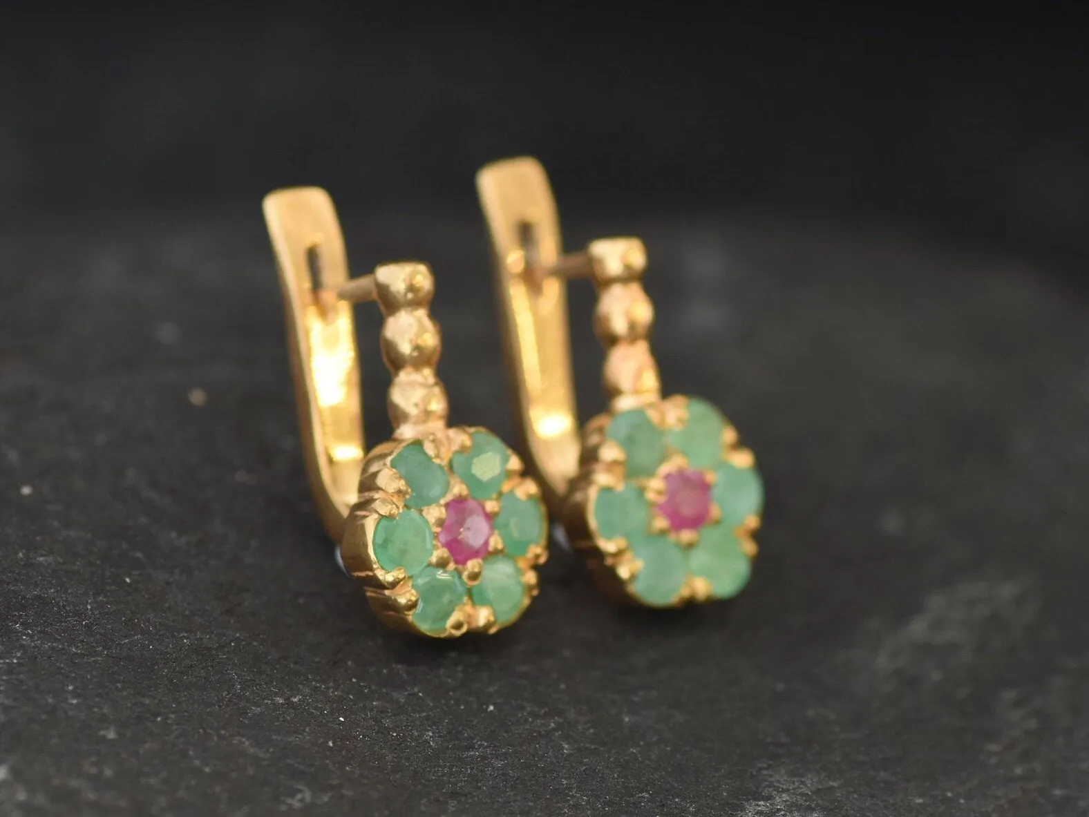 Gold Flower Earrings - Natural Emerald Earrings, Green Daisy Earrings