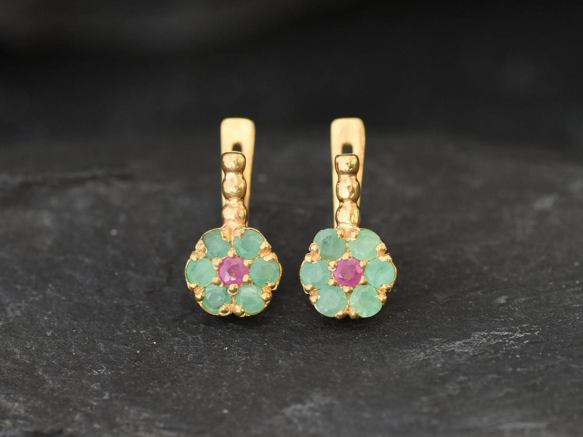 Gold Flower Earrings - Natural Emerald Earrings, Green Daisy Earrings