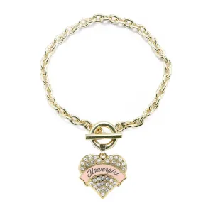 Gold Nude Flower Girl Pave Heart Charm Toggle Bracelet