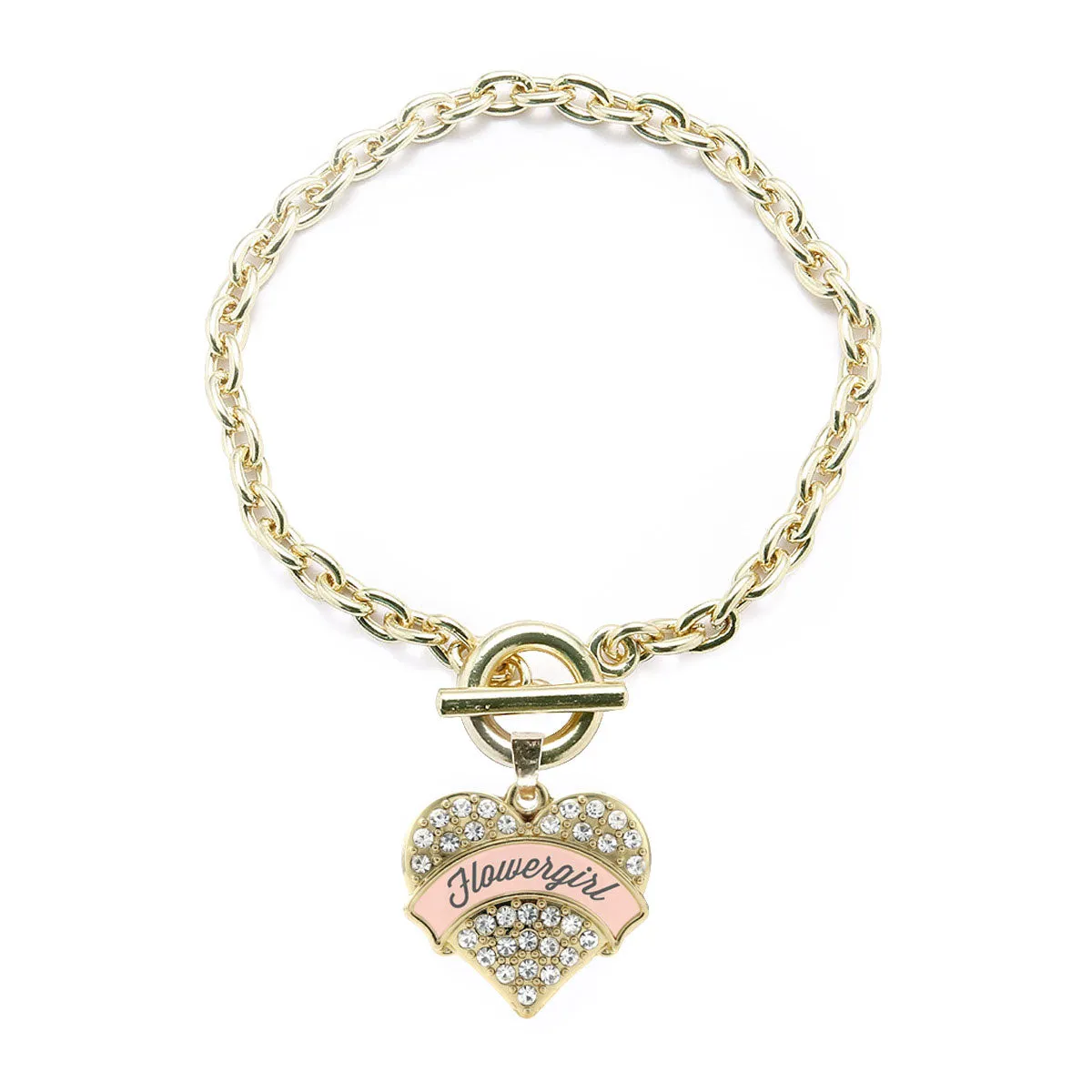 Gold Nude Flower Girl Pave Heart Charm Toggle Bracelet