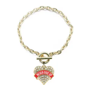 Gold Red Banner Never Give Up Pave Heart Charm Toggle Bracelet