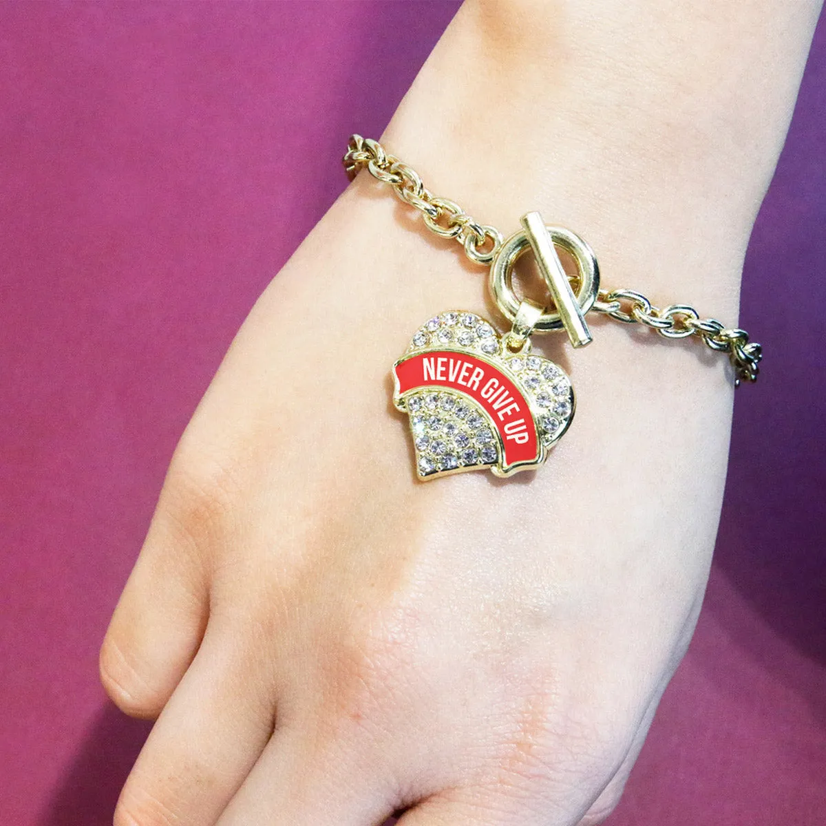 Gold Red Banner Never Give Up Pave Heart Charm Toggle Bracelet