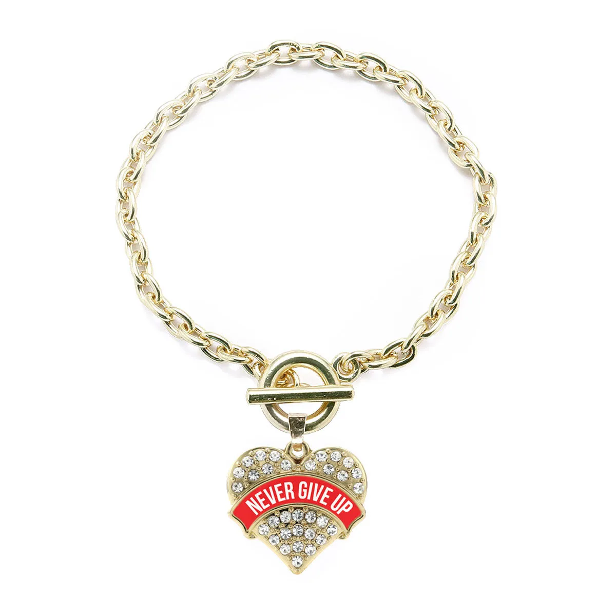 Gold Red Banner Never Give Up Pave Heart Charm Toggle Bracelet