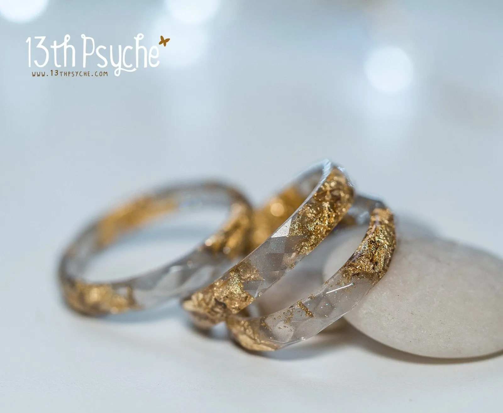 Grey and gold flakes faceted resin ring