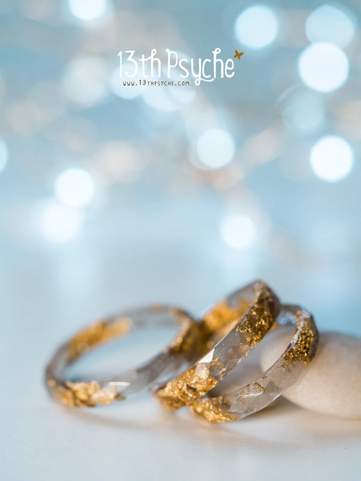 Grey and gold flakes faceted resin ring