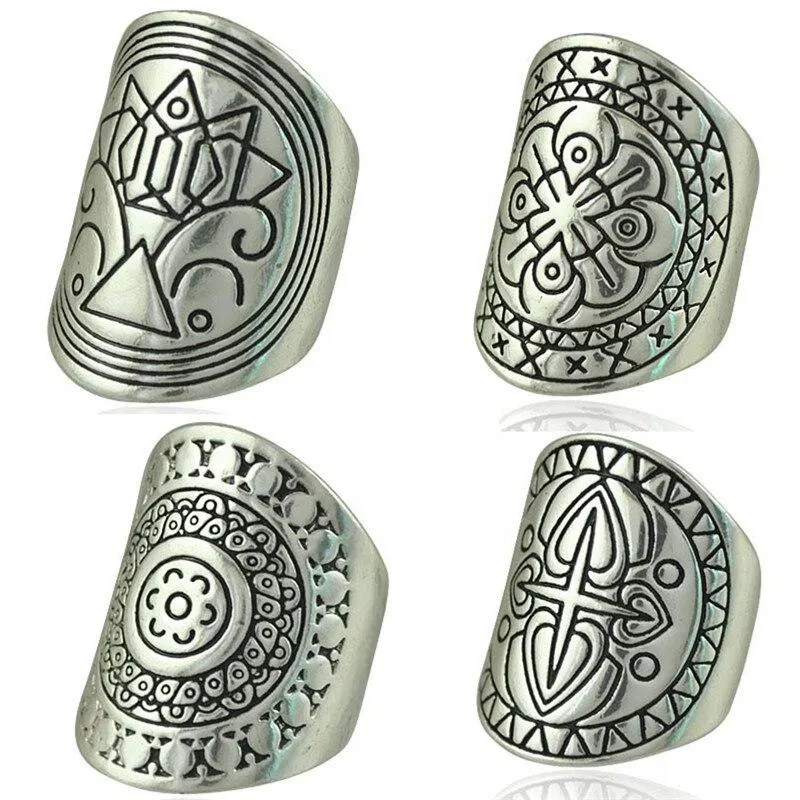 Gypsy Ring Set 4 Piece Totem Tribal Shield Rings Silver Stacking Stackable Rings