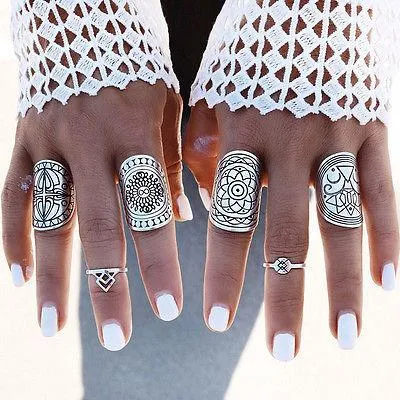 Gypsy Ring Set 4 Piece Totem Tribal Shield Rings Silver Stacking Stackable Rings