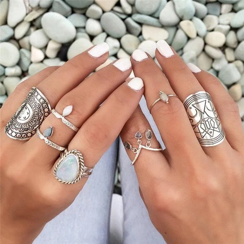 Gypsy Ring Set 4 Piece Totem Tribal Shield Rings Silver Stacking Stackable Rings