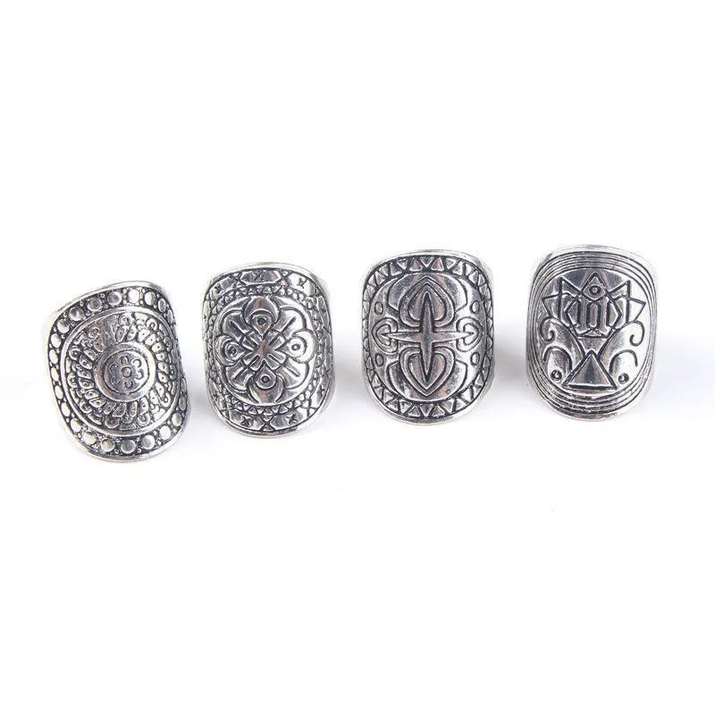 Gypsy Ring Set 4 Piece Totem Tribal Shield Rings Silver Stacking Stackable Rings