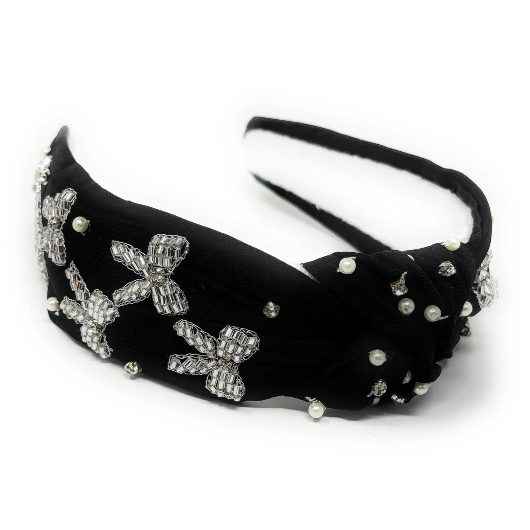 Hand Beaded Silver Bow Knot Headband