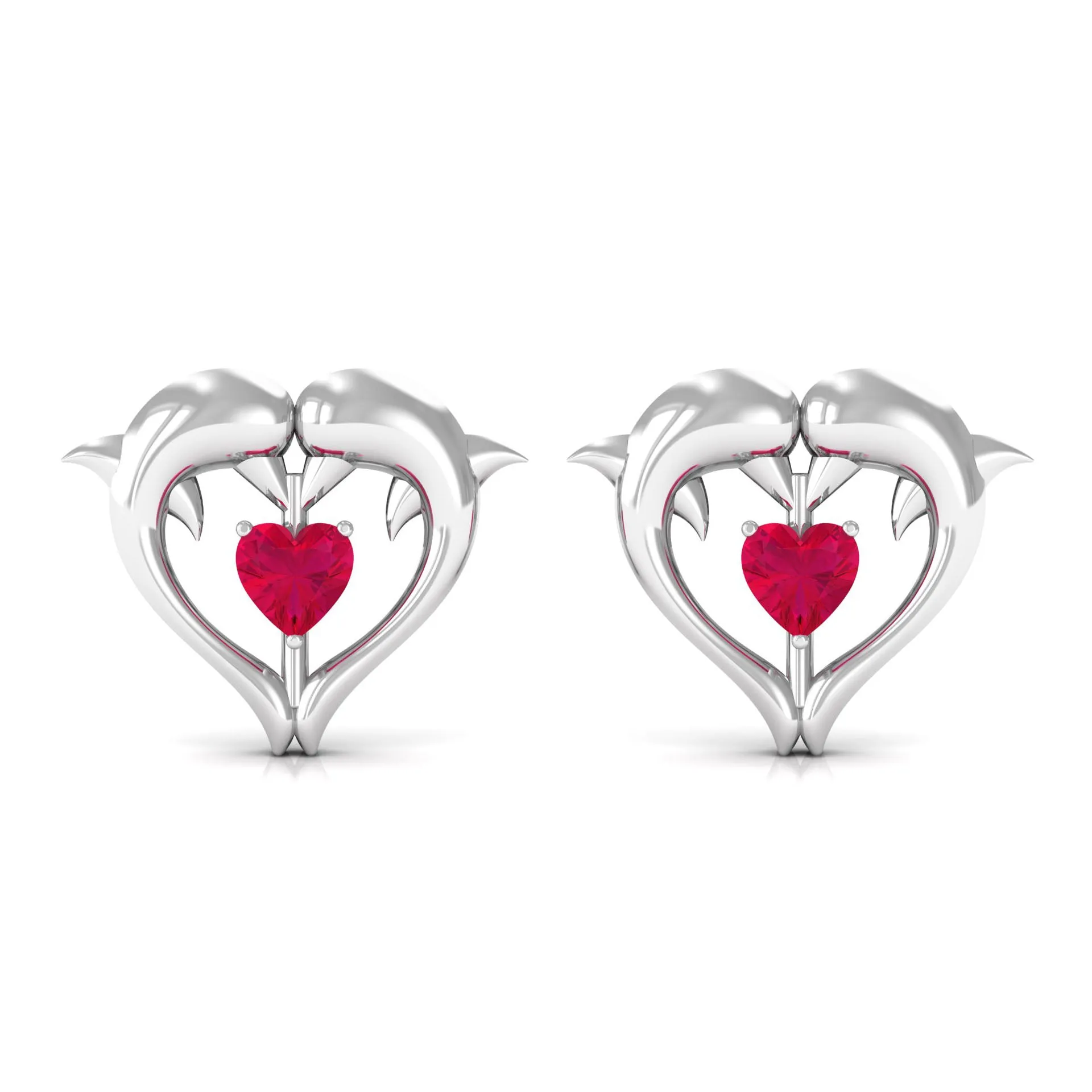 Heart Shape Ruby Dolphin Stud Earrings