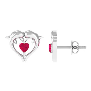 Heart Shape Ruby Dolphin Stud Earrings