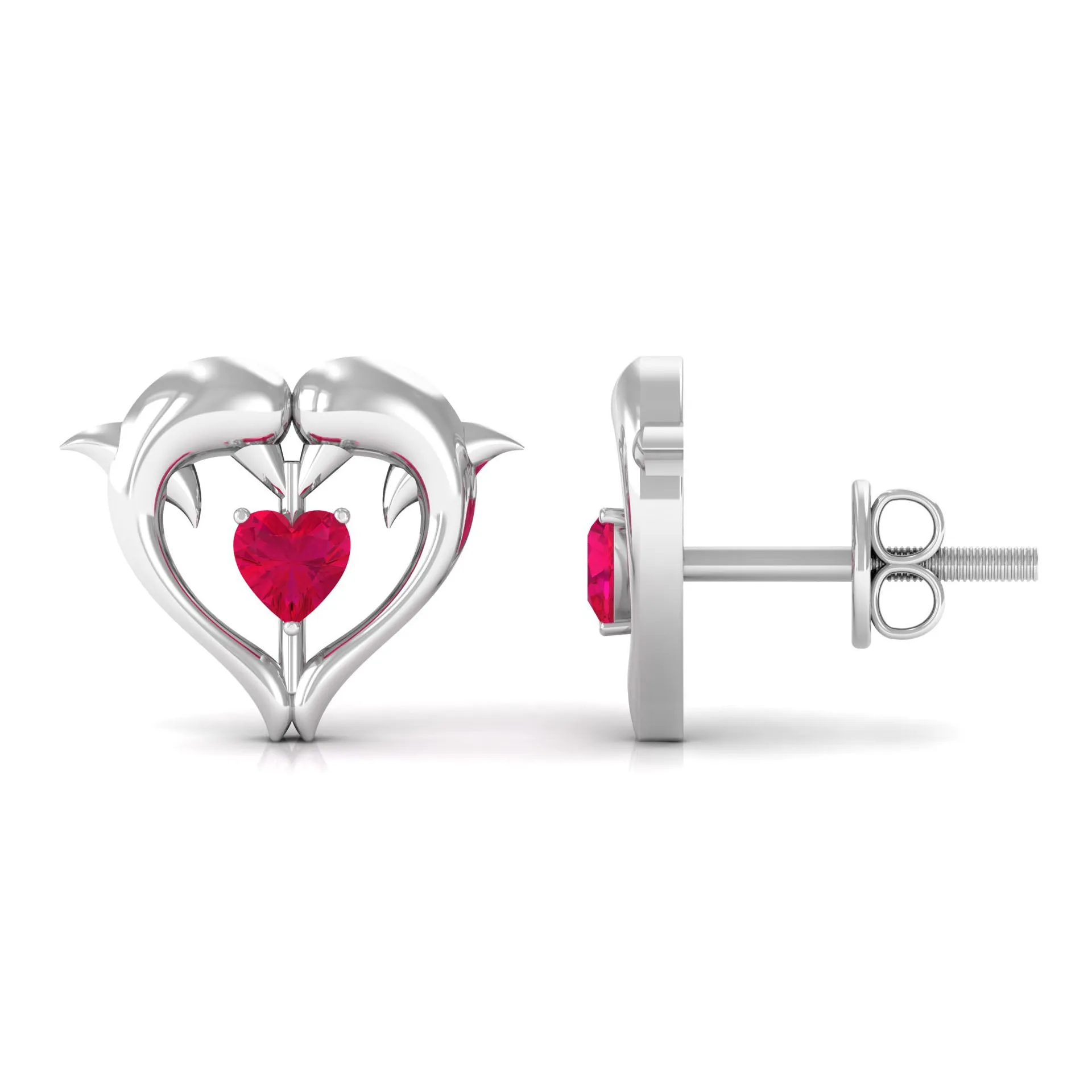 Heart Shape Ruby Dolphin Stud Earrings