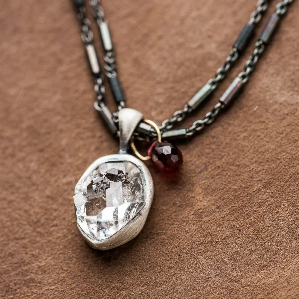 Herkimer Diamond Necklace with Garnet on Double Satellite Chain