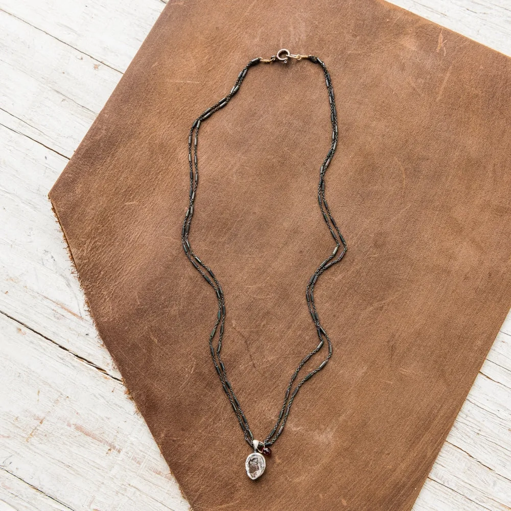 Herkimer Diamond Necklace with Garnet on Double Satellite Chain