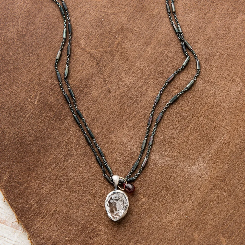 Herkimer Diamond Necklace with Garnet on Double Satellite Chain