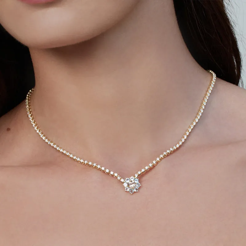 Illusion Set Diamond Tennis Necklace with Aquamarine and Morganite Flower Accent