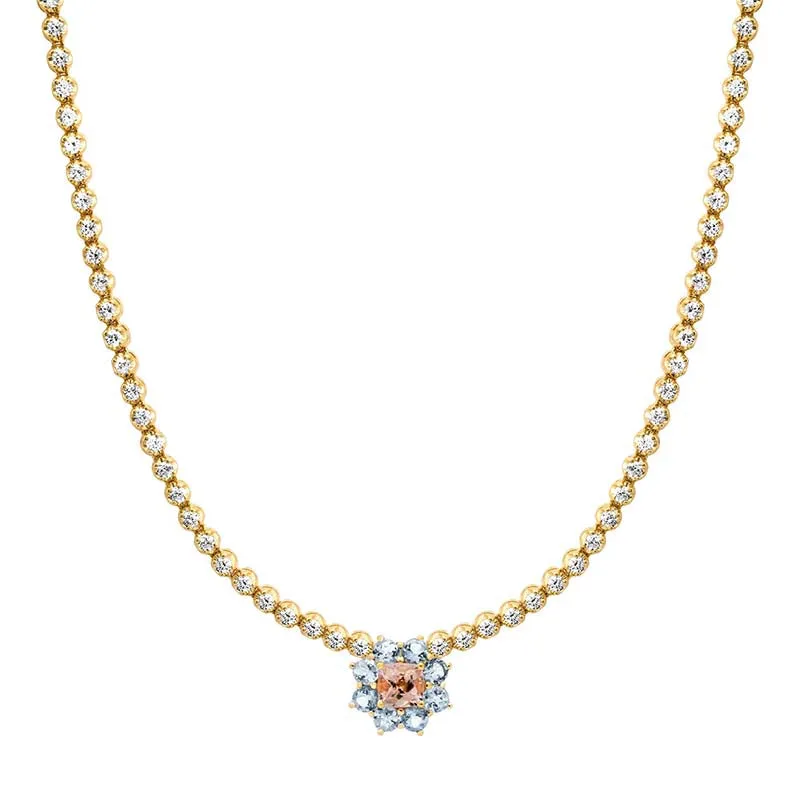 Illusion Set Diamond Tennis Necklace with Aquamarine and Morganite Flower Accent