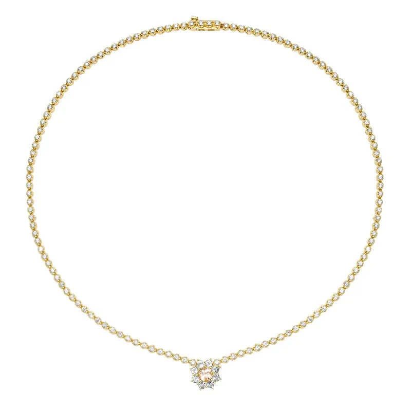 Illusion Set Diamond Tennis Necklace with Aquamarine and Morganite Flower Accent