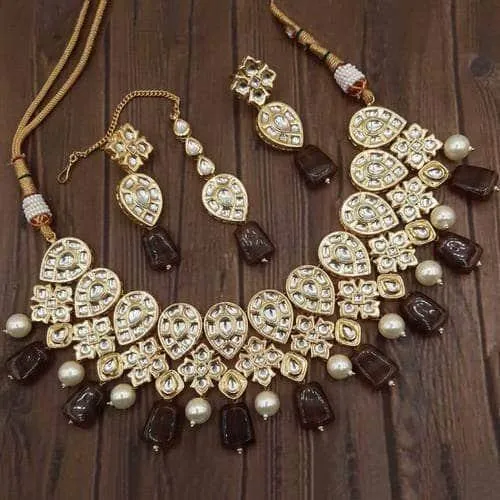 Inverted Drop Moti Stone Jadau Necklace Set