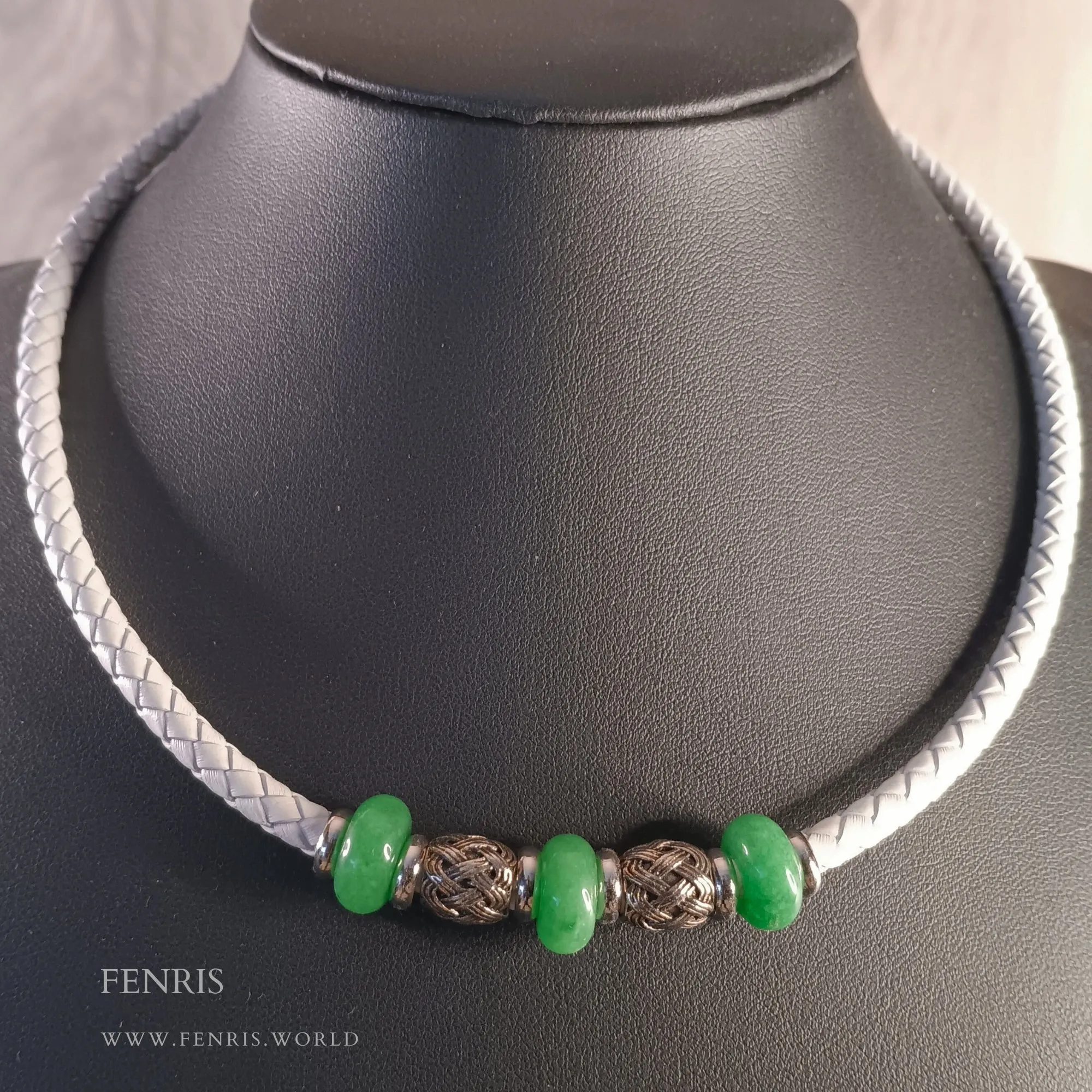 Jade Choker Necklace Silver Green White Leather