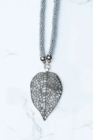 Light Silver Beaded Leaf Pendant Necklace