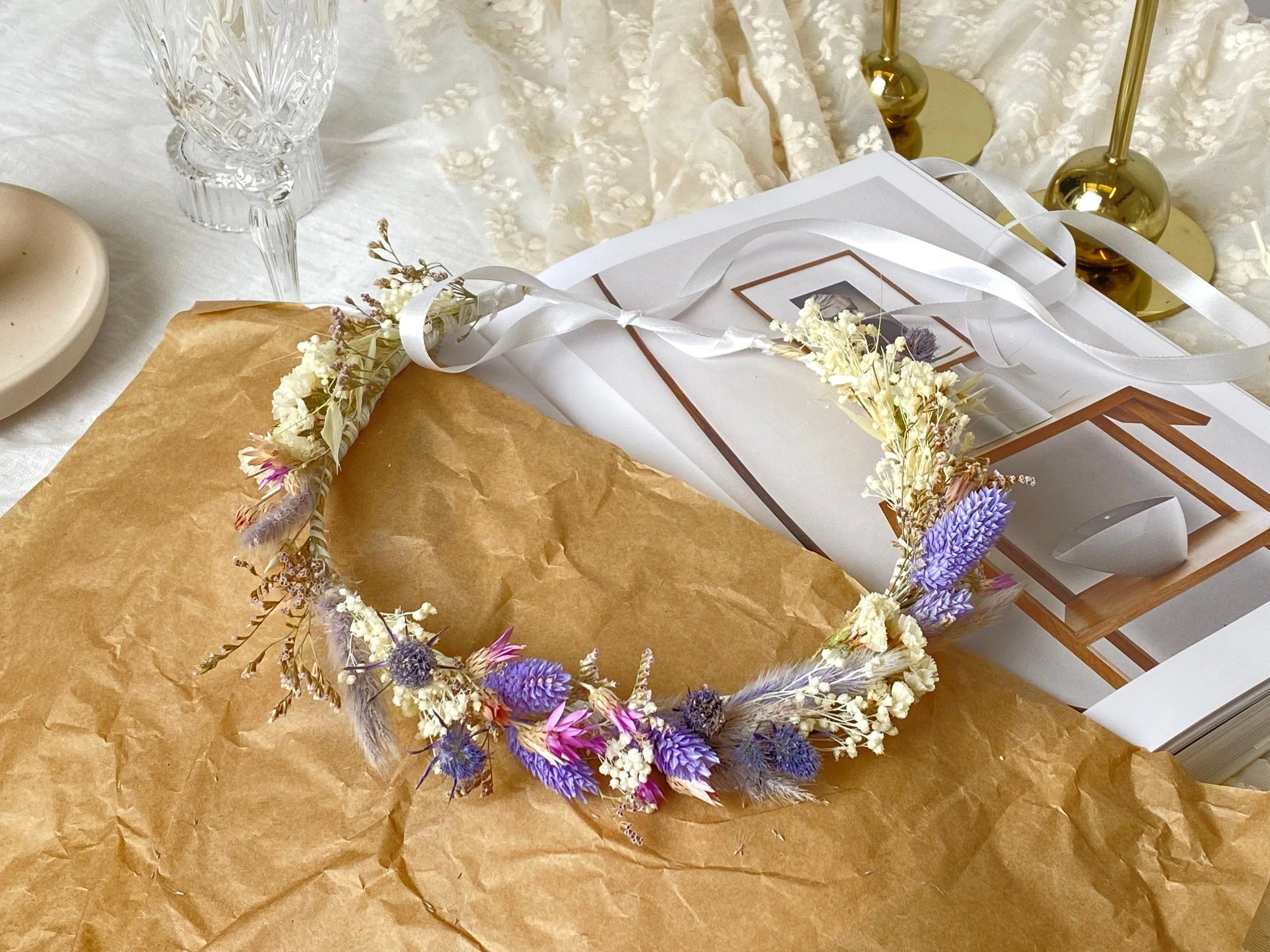 Lilac Wildflower Bridal Wedding Crown / Boho Bride Wedding Flower Headband / Flower Wreath