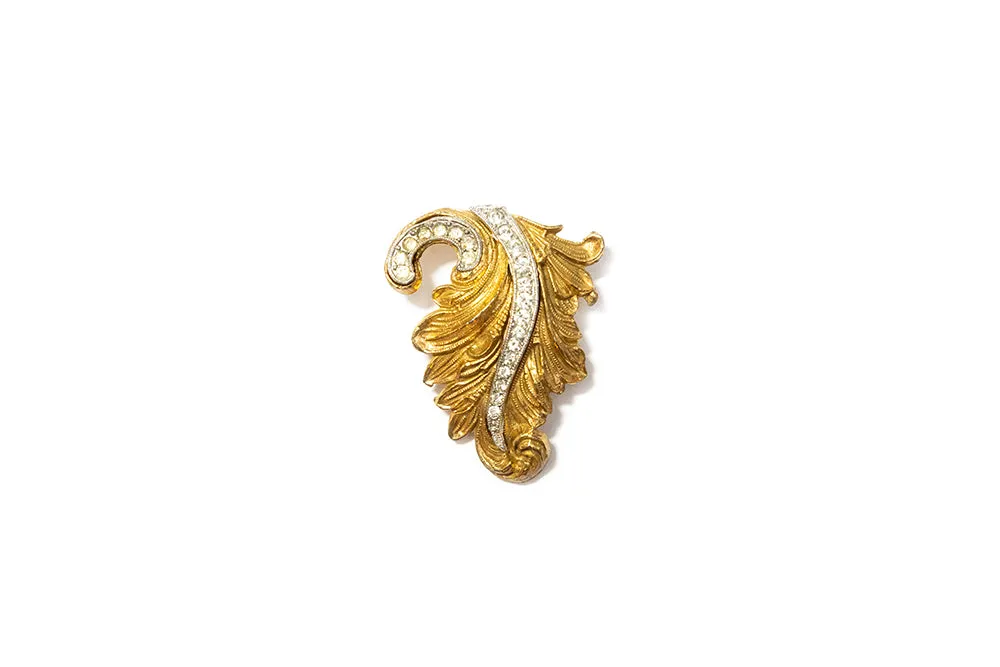 McCLELLAND BARCLAY Gold Plated Acanthus Leaf and Rhinestone Fur Clip