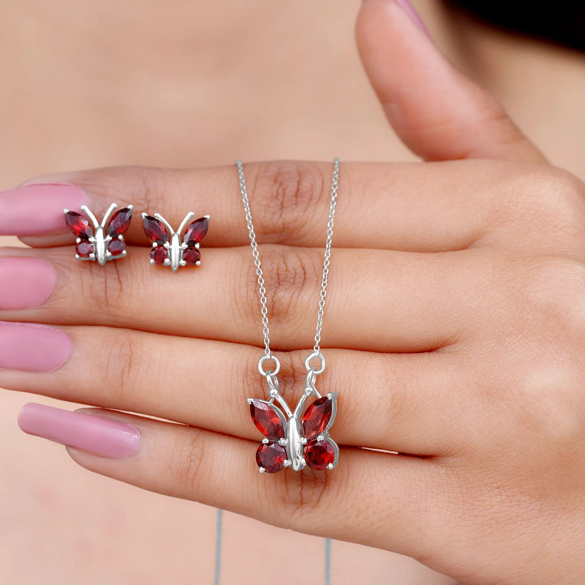 Natural Garnet Butterfly Necklace and Earrings Set