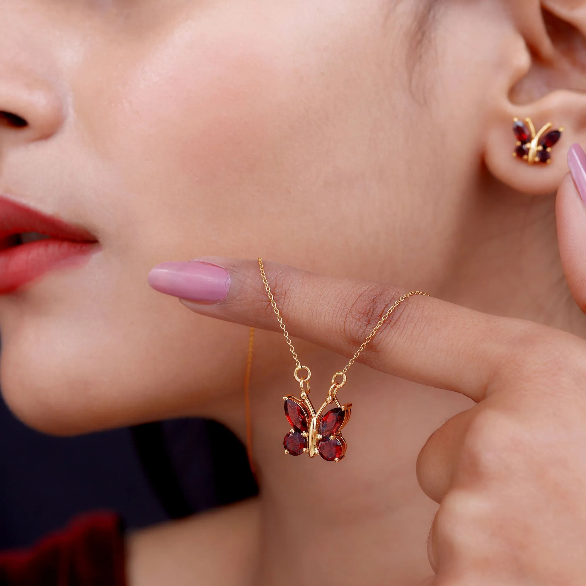 Natural Garnet Butterfly Necklace and Earrings Set