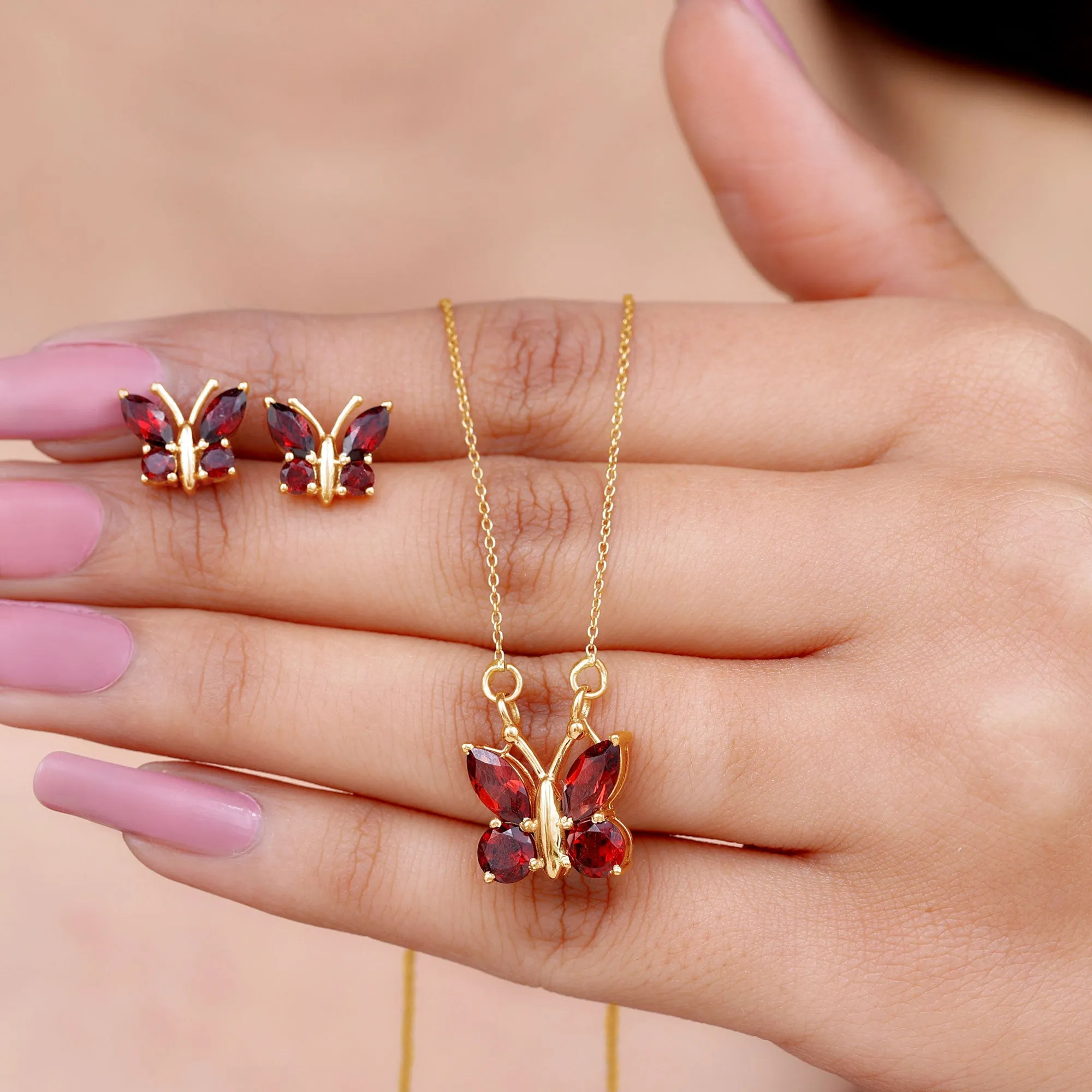 Natural Garnet Butterfly Necklace and Earrings Set