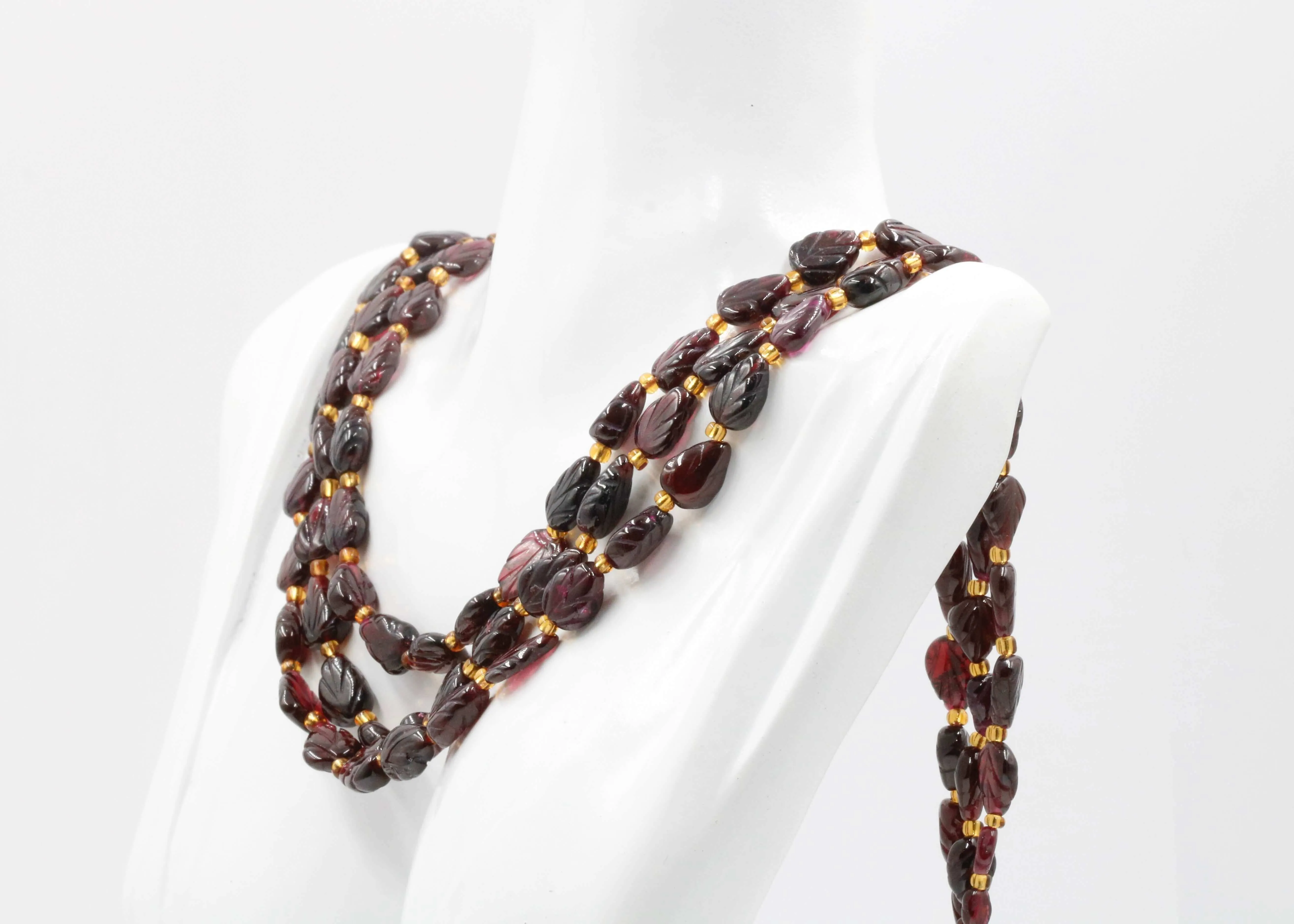 Natural Rhodolite Necklace Carved Leaf Garnet Necklace Beaded Gemstone Necklace Indian Necklace Sarafa Necklace Red Purple Garnet SKU 6142837